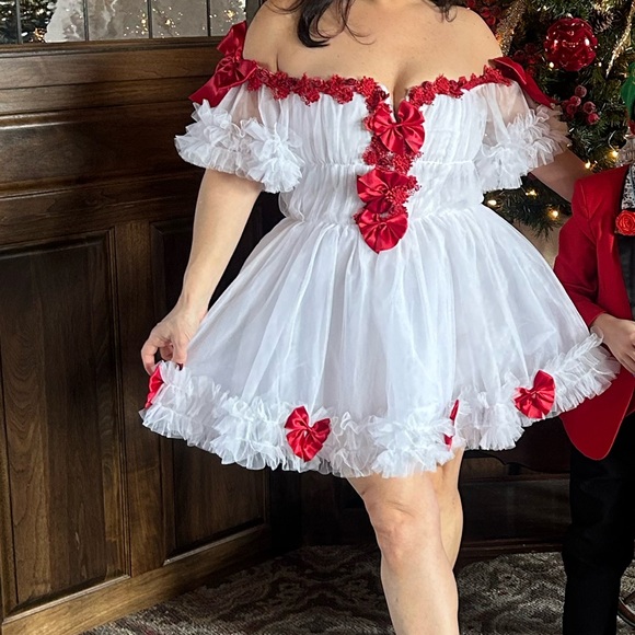 Brand New sugar Thrillz WINTER ROSE baby doll MINI DRESS WHITE red bow medium - Picture 6 of 6